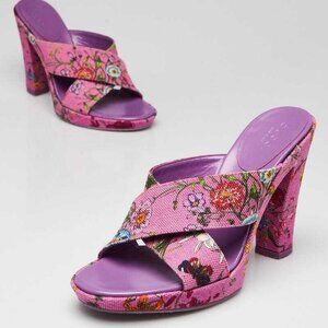 Gucci Purple Floral Canvas Open Toe Slide Heeled Sandals Size 3.5/34